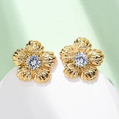 304ステンレススチールラインストーンスタッドピアス  花  18KGP本金メッキ  22x22mm&nbsp;EJEW-R027-03G
