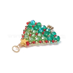 ガラスシードビーズ編組ペンダント  真鍮丸カン付き  クリスマスツリー  ゴールドカラー  32.5x27.5x4mm  穴：3.2mm&nbsp;PALLOY-JF02081