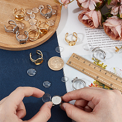 DIY指輪セット  201/304 ステンレススチールオープンカフ金具  ベゼルカップリングのセッティング  フラットラウンド  透明ガラスカボション付き  本金メッキ&ステンレススチールカラー  内径：18mm  トレイ：10~14mm&nbsp;DIY-DR0002-26