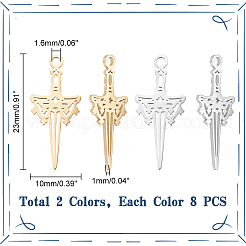 16個2色304ステンレスペンダント  レーザー切断  剣のチャーム  ミックスカラー  23x10x1mm  穴：1.6mm  8個/カラー&nbsp;STAS-UN0055-76