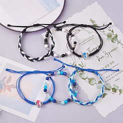 ワックスポリエステルストリング編みコードブレスレットセット  女性のための恐竜と天然混合石のブレスレット  ブルー  内径：1-3/4~3-3/4インチ（2~9.5cm）  3個/セット&nbsp;BJEW-SW00032-02
