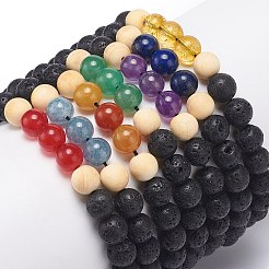 7 個 7 スタイルの天然溶岩石 & ウッドビーズ & 混合宝石編組ビーズブレスレットセット  女性のためのエッセンシャル オイル チャクラ ヨガ ブレスレット  内径：2~3-1/8インチ（5.2~8cm）  7個/スタイル&nbsp;BJEW-JB08836