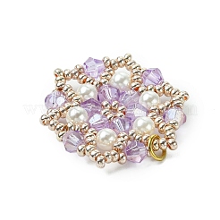 ガラスシードビーズの花のペンダント  ガラスと貝パールビーズとループ付き  プラム  29.5x27x4.5mm  穴：3.5mm&nbsp;PALLOY-MZ00513-02