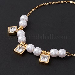 アクリルパール付きスクエアキュービックジルコニアチャームブレスレット  金メッキ304ステンレススチール製ジュエリー（女性用、イオンプレーティング（IP））  透明  6-3/4インチ（17cm）&nbsp;BJEW-F396-20G-01