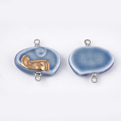 手作りの磁器リンクコネクター  光沢釉の磁器  真鍮パーツ  プラチナ  スチールブルー  19x18~18.5x4mm  穴：1.5mm&nbsp;PORC-T002-106