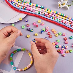 キットを作るDIYストレッチブレスレット  6連売り6色フラットラウンドポリマークレイビーズ連売り  スマイルフェイスポリマークレイビーズと50ロール弾性クリスタルスレッドを備えた1個のハート  ミックスカラー  6~7x3mm  穴：1.5mm  約113~116個/連  15.55インチ〜16.14インチ（39.5~41cm）  1本/色&nbsp;DIY-SZ0004-39