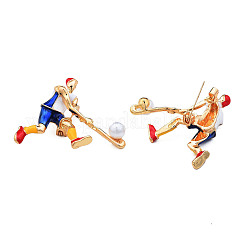 ホッケー エナメル ピン アブス プラスチック パール付き  バックパックの服のためのライトゴールドメッキ合金スポーツテーマバッジ  ニッケルフリー＆鉛フリー  ミディアムブルー  44.5x47mm&nbsp;JEWB-N007-171