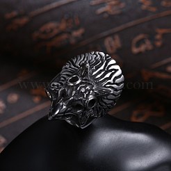 メンズステンレススチールフィンガー指輪  ワイドバンドリング  トリケラトプス  サイズ9  アンティークシルバー  18.9mm&nbsp;RJEW-BB29840-9