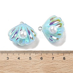 樹脂製模造真珠の虹色ペンダント  鉄のパーツと  シェル形状  ブルー  25x26x9mm  穴：2mm&nbsp;RESI-I062-01E