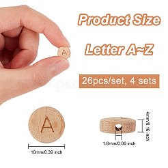 アルファベット未染色木製ビーズ4セット  水平穴  a~zの文字をレーザー刻印したフラットラウンド  a～zの文字  10x4mm  穴：1.6mm  26個/セット&nbsp;WOOD-OC0002-68