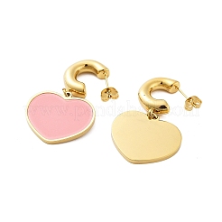 イオンプレーティング（IP）304ステンレススチールハートスタッドピアス  女性用エナメル入り  18KGP本金メッキ  ピンク  40x23.5mm&nbsp;EJEW-A114-11G-03