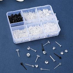 320個4スタイルの環境に優しいプラスチックスタッドピアスのパーツ  ラウンド＆フラットラウンド  150個のプラスチック製イヤーナット付き  ブラック＆クリアー  11.5~15x3~4.5mm  ピン：0.8~0.95mm&nbsp;KY-FS0001-18