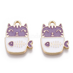 ゴールデン合金エナメルペンダントメッキ  猫  カドミウムフリー＆鉛フリー  暗い蘭  19.5x14.5x1.5mm  穴：2mm&nbsp;ENAM-T009-90C-RS