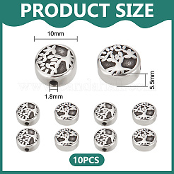304ステンレススチールビーズ  命の木とフラットラウンド  アンティークシルバー  10x5.5mm  穴：1.8mm  10個/箱&nbsp;STAS-UN0013-64AS
