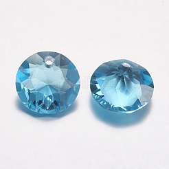 カット加工ガラスラインストーンチャーム  模造オーストリアのクリスタル  フラットラウンド  アクアマリン  12x6mm  穴：1.5mm&nbsp;RGLA-F051-12mm-202