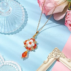 手作りのガラスシードビーズとガラスパールの丸いペンダントネックレス  織機模様  花と涙  オレンジ  17.72インチ（45cm）&nbsp;NJEW-MZ00057-03