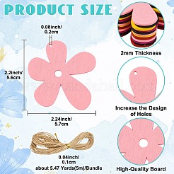 20色の木製ビッグペンダント4個  花のチャーム  染め  1束ジュートより糸付き  ミックスカラー  57x56x2mm  穴：2mm&nbsp;WOOD-YW0002-05
