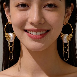 真鍮と模造真珠のスタッドピアス  ロンデル  ハーフフープピアス  ゴールドカラー  70mm&nbsp;WG06425-01