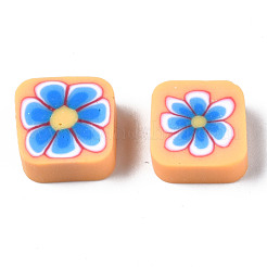 手作り樹脂粘土ビーズ  ジュエリー工芸用品のDIY用  花の正方形  ディープスカイブルー  9~9.5x9.5x4~4.5mm  穴：1.8mm&nbsp;CLAY-N008-034F