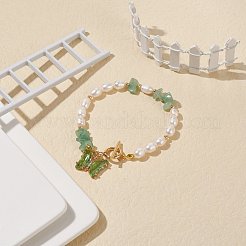 クリアキュービックジルコニア付きガラスバタフライチャームブレスレット  ナチュラル グリーン アベンチュリン チップ ＆ パール ビーズ ブレスレット レディース  7-5/8インチ（19.5cm）&nbsp;BJEW-JB08640-05