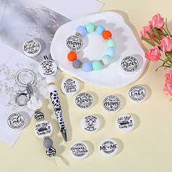 18 個 9 スタイル フラット ラウンド 単語食品グレードの環境に優しいプリント シリコーン フォーカル ビーズ  ホワイト  28x6.5mm  穴：2.2mm  2個/スタイル&nbsp;SIL-SZ0001-31