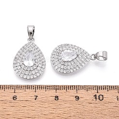 真鍮舗装クリアキュービックジルコニアペンダント  ティアドロップチャーム  プラチナメッキ  26x23x4mm  穴：6mm&nbsp;KK-T081-05P