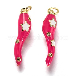 真鍮製エナメルペンダント  長持ちメッキ  18KGP本金メッキ  豊饒の角  イタリアの角cornicello  濃いピンク  26x6x6mm  穴：3.3mm&nbsp;X-KK-B026-15G-B
