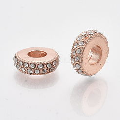 ローズゴールドメッキ合金ヨーロッパビーズ  ラインストーン付き  大穴ビーズ  フラットラウンド  クリスタル  11x3.5mm  穴：4.5mm&nbsp;X-MPDL-S067-24
