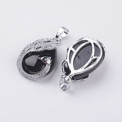 天然染色＆加熱黒瑪瑙ペンダント  真鍮のパーツと  孔雀と涙  プラチナ  33x20x10.5mm  穴：5x6.5mm&nbsp;G-E442-04E