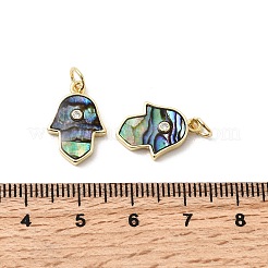 真鍮製マイクロパヴェキュービックジルコニアペンダント  ハムサの手  パウア貝とエポキシ樹脂を使用  ラックめっき  長持ちメッキ  鉛フリー＆カドミウムフリー  丸カン付き  18KGP本金メッキ  16.5x11.5x2.5mm  穴：3mm&nbsp;KK-K384-18G