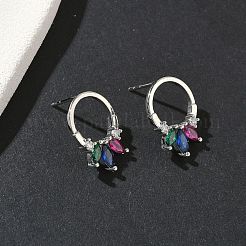 真鍮製マイクロパヴェキュービックジルコニアスタッドピアス  リング付き馬の目  ラックめっき  長持ちメッキ  カドミウムフリー＆鉛フリー  プラチナ  18.5x13mm&nbsp;EJEW-G452-01P