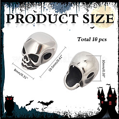 ハロウィン 316サージカルステンレススチールビーズ 10個  スカルヘッド  アンティークシルバー  10.5x8x10mm  穴：2.3mm&nbsp;STAS-ME0002-89