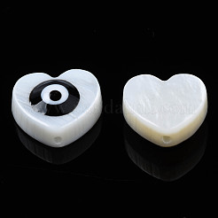 天然淡水シェルビーズ  エナメル  ナザールボンジュウ付きハート  ブラック  9~10x9.5~11x4mm  穴：0.8mm&nbsp;SHEL-N003-21A