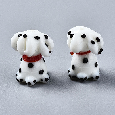 手作り凹凸柄ランプワークビーズ連売り  斑点のある犬  ホワイト  22~23x18~19x15~17.5mm  穴：2.5mm  約20個/連  17.13インチ（43.5cm）&nbsp;LAMP-Q031-002-1
