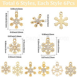 36pcs6スタイルアロイラインストーンペンダント  スノーフレークチャーム  ゴールドカラー  19~74x14~72x2~3mm  穴：1.8~2.2mm  6個/スタイル&nbsp;FIND-SC0020-04