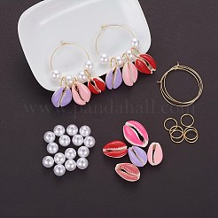 DIYピアス作り  304ステンレススチールフープピアス/丸カン  模造パールアクリルビーズとスプレーペイントカウリーシェルビーズ  ゴールドカラー  ピンク  35x0.7mm&nbsp;DIY-X0098-34