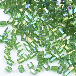 FGBグレードAガラスシードビーズ  六角形（ツーカット）  透明色の虹  シーグリーン  1.5~2.5x1.5~2mm  穴：0.8mm  約2100個/袋  450 G /袋&nbsp;SEED-S022-05G