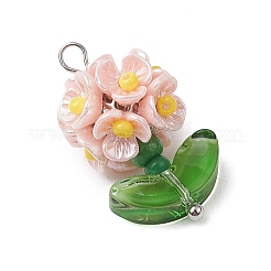 ガラスシードビーズの花のペンダント  樹脂と真鍮の金具付き  ピンク  25x14x13mm  穴：3x2.5mm&nbsp;PALLOY-MZ00521-01
