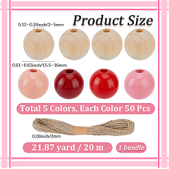 250個 5色スプレー塗装ラウンド天然シマウッドビーズ  ジュート紐1束付き  ミックスカラー  15.5~16mm  穴：3~5mm&nbsp;WOOD-PA0001-73A