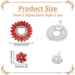 4個 2スタイルの花の合金とガラスの靴のバックルクリップ  取り外し可能な靴の装飾  レッド  32~61.5x34~61.5x9~10mm  2個/スタイル&nbsp;AJEW-WR0002-32