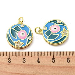 金色の真鍮のペンダント  カドミウムフリー＆ニッケルフリー＆鉛フリー  キュービックジルコニアエナメル  ナザールボンジュウチャーム付きフラットラウンド  ディープスカイブルー  21x18.5x4mm  穴：3.5mm&nbsp;KK-L209-009G-05