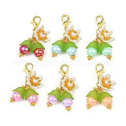 花のアクリルペンダント装飾  パール調アクリルビーズ  カニカン付き  ゴールドカラー  34.5mm&nbsp;HJEW-JM04807