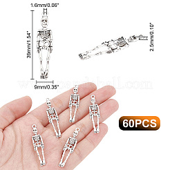 ハロウィーン用チベット風合金ペンダント60個  スケルトン  アンティークシルバー  39x9x2.5mm  穴：1.6mm&nbsp;TIBEP-UN0001-17