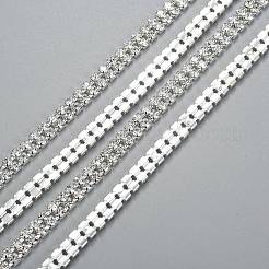 真鍮製ラインストーンストラスチェーン  6x2.5列ラインストーンカップチェーン  銀色のメッキ  [1]mm&nbsp;CHC-WH0002-01S