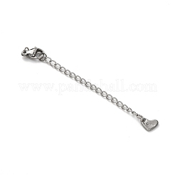 304ステンレススチールチェーンエクステンダー  ハート  留め具とチャーム付き  ステンレス鋼色  71mm  穴：2.5mm&nbsp;STAS-N088-46P
