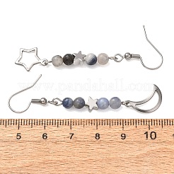 天然ミックスストーンのダングルイヤリング  ムーン＆スター 304 ステンレススチール イヤリング 女性用  ミックスカラー  56~62x12~12.5mm&nbsp;EJEW-JE05934