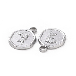 変色しない304ステンレススチールペンダント  フラットラウンド、イルカチャーム付き  ステンレス鋼色  16x13x2mm  穴：2mm&nbsp;STAS-C003-04P