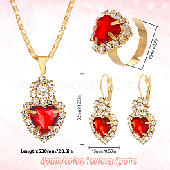 ハートラインストーンジュエリーセット  金合金 3ペア 3色フレンチフックピアス & 3個 3色ペンダントネックレス & 3個 3色調節可能リング  ミックスカラー  内径：18mm  530mm  32x15mm&nbsp;SJEW-HY0001-09