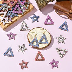 40個、8種類のプリントバスウッドペンダント  バックランダムカラー  スター＆トライアングル  ミックスカラー  27~31x30x3mm  穴：1.6mm  5個/カラー&nbsp;WOOD-CJ0002-49