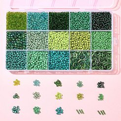 15 種類のガラスシードビーズ  ラウンド＆ラッパ  グリーン  2~7x1.5~4mm  穴：0.8~1mm&nbsp;SEED-FS0001-29